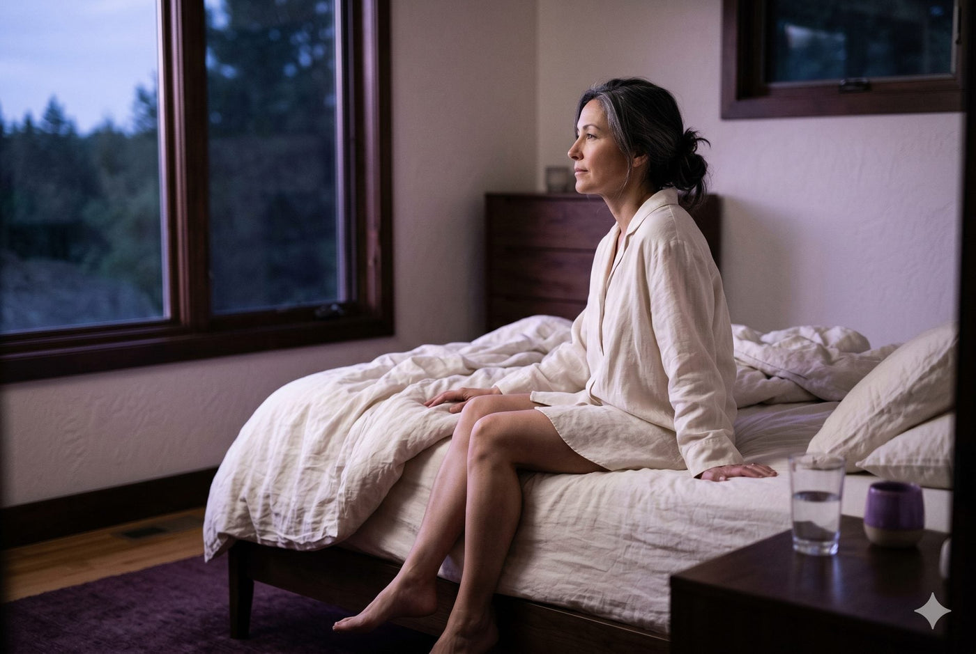 Mulher acordada na beira da cama na luz fria da madrugada
