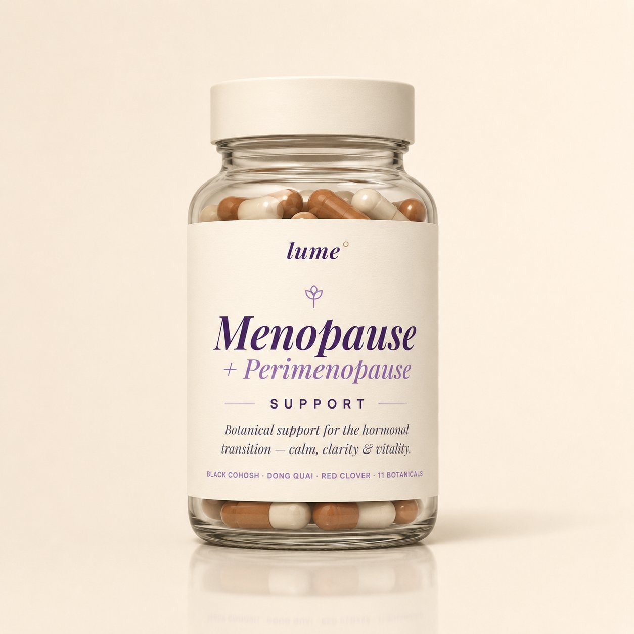 Frasco Lume° Menopause + Perimenopause Support — vidro com cápsulas âmbar e cream