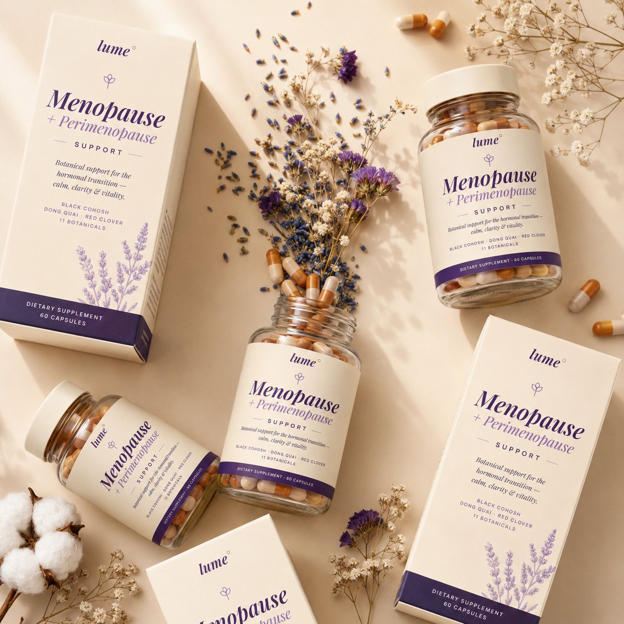 Caixas e frascos Lume° Menopause + Perimenopause com botânicos — flatlay