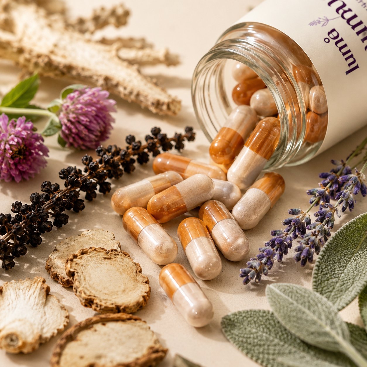 Cápsulas âmbar e cream da fórmula com botânicos (red clover, lavanda, sálvia)