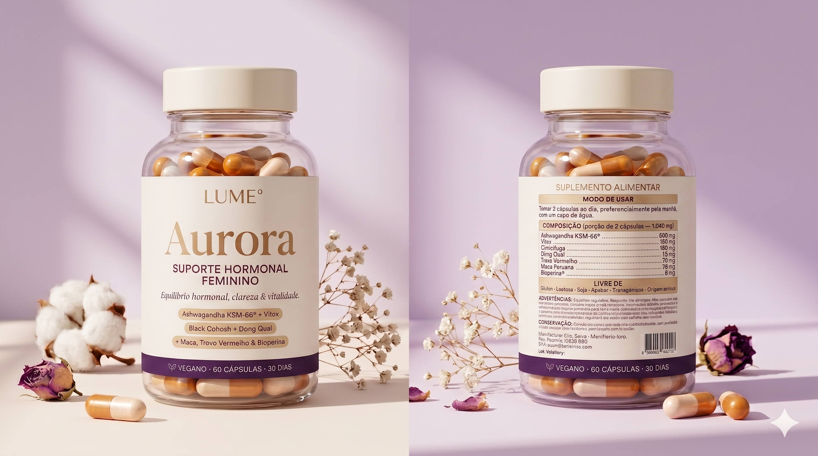 Aurora — frente e verso do frasco com a tabela de composição