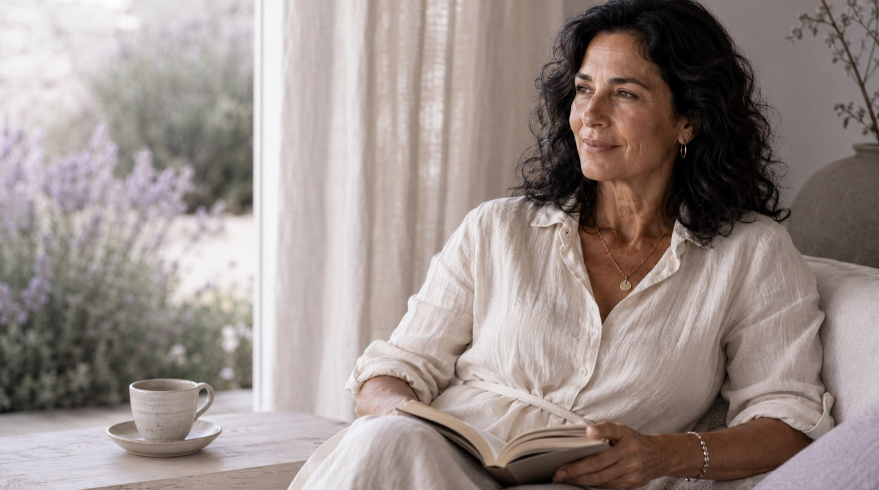 Mulher lendo com café da manhã, momento de ritual