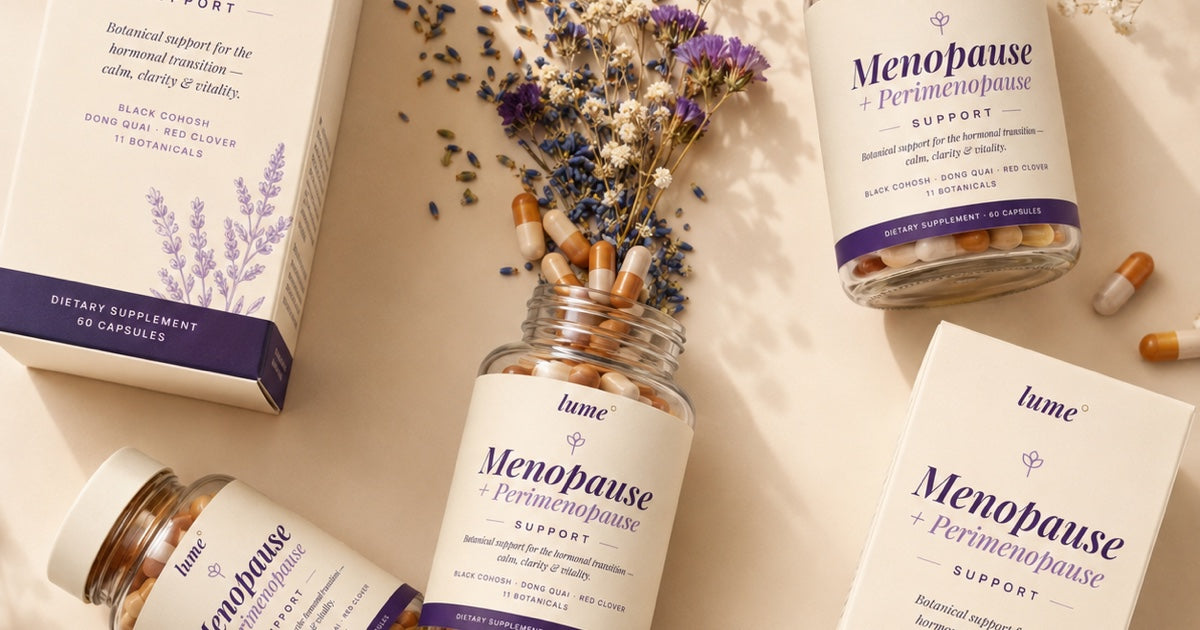 Frascos e caixas Lume° Menopausa + Perimenopausa com botânicos